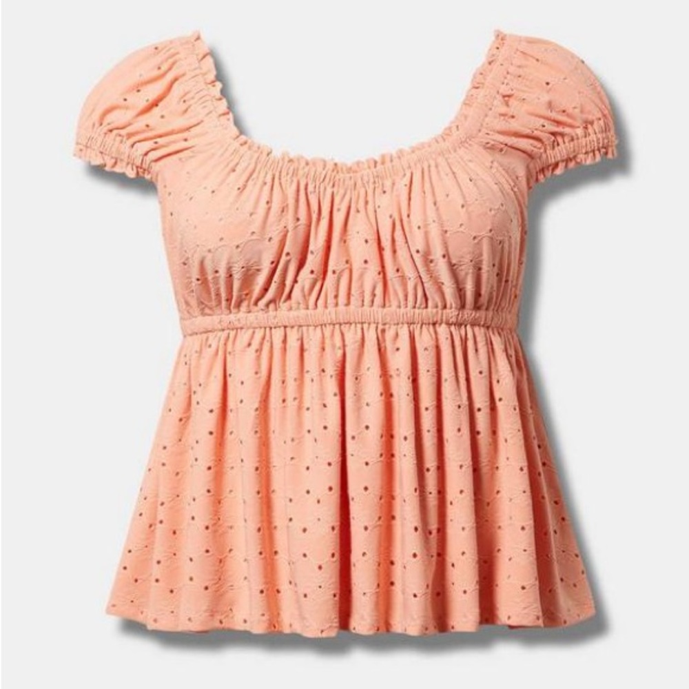 NWT Torrid 3X Peach Cap Sleeve Babydoll Top Eyelet Peasant Smocked Feminine